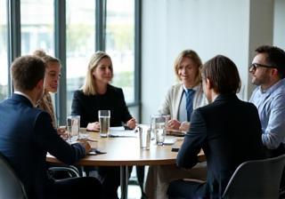 Geschäftsleute besprechen sich in Besprechungsraum.