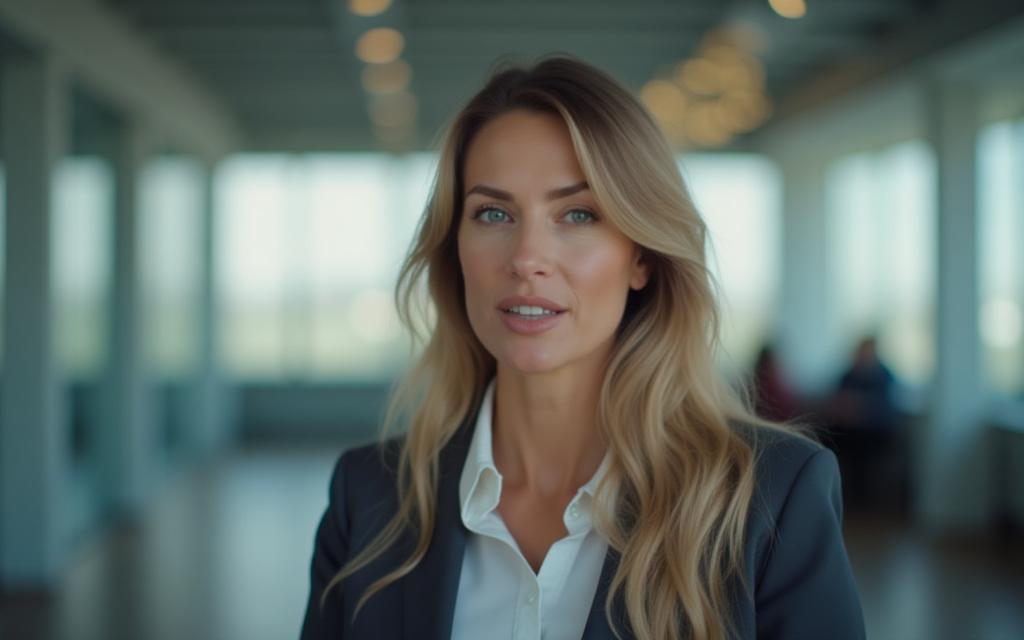 Professionelle Frau spricht selbstbewusst in modernem Büro.